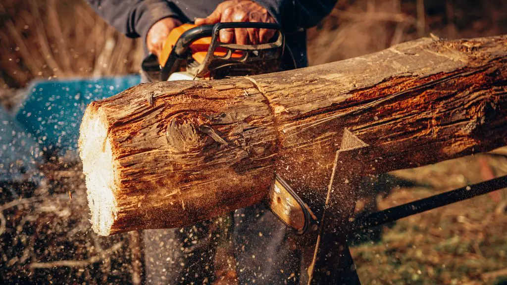 chainsaw in use cutting through a log