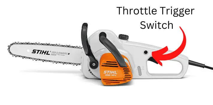 How to Start a Stihl Chainsaw in 13 Easy Steps 10 Showing the throttle trigger switch on a Stihl Electric Chainsaw